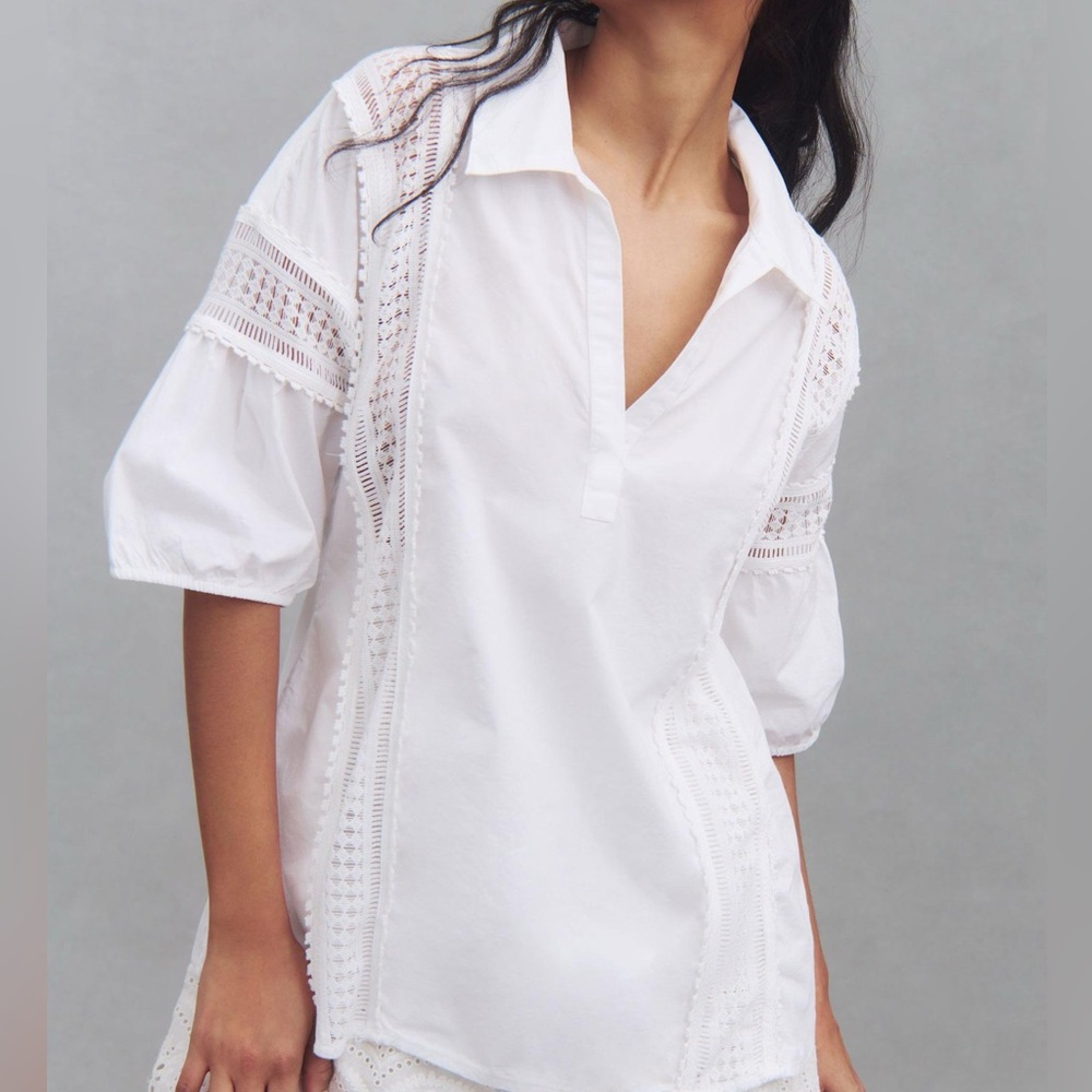 New White By Anthropologie Puff Sleeve Lace Blouse Sz Small